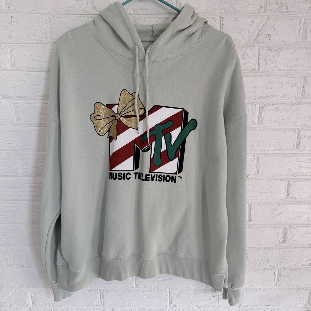 Official MTV Music Television Christmas Fleece Hoodie Women's XXL Mint Green
